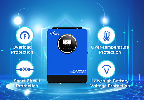 Desain multi-perlindungan: termasuk perlindungan terhadap kelebihan beban, kelebihan suhu, hubungan pendek, dan tegangan baterai rendah/tinggi.